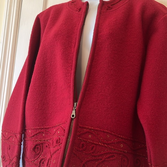 100% Wool Front Zip Sweater Jacket Women’s Medium Red Gold Stitching Cord Warm - Picture 15 of 17